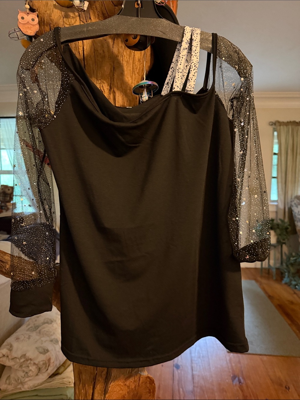 Amazon Black Long Sleeve Top with Sparkle Mesh Sleeves and Strappy Detail